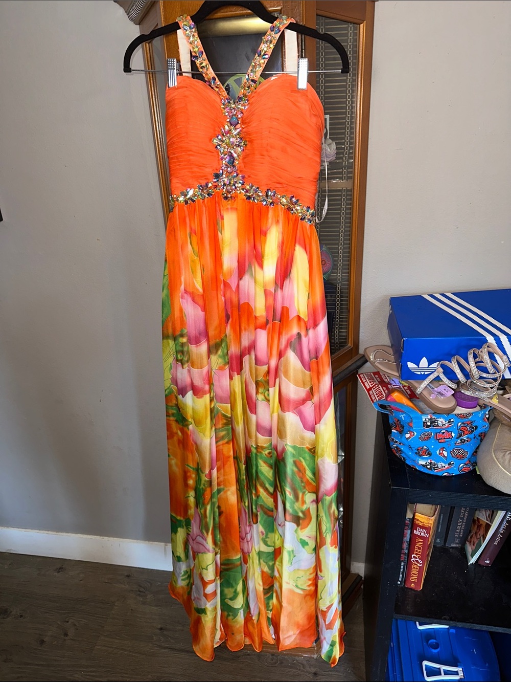Vibrant Orange Floral Evening Gown with Rhinestone Accents